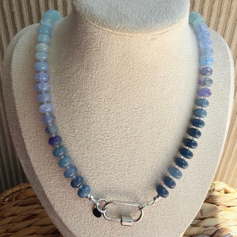 20" Beaded Gemstone Necklace, Ombre Blue, Purple, Jade, Amazonite, Quartz, Agate - Picture 2 of 7